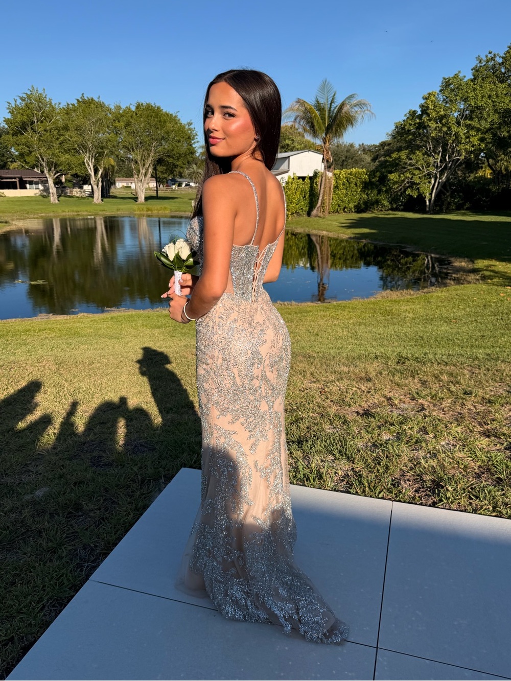JOVANI Nude Sequin Evening Gown with Silver Embellishment - Picture 2 of 4